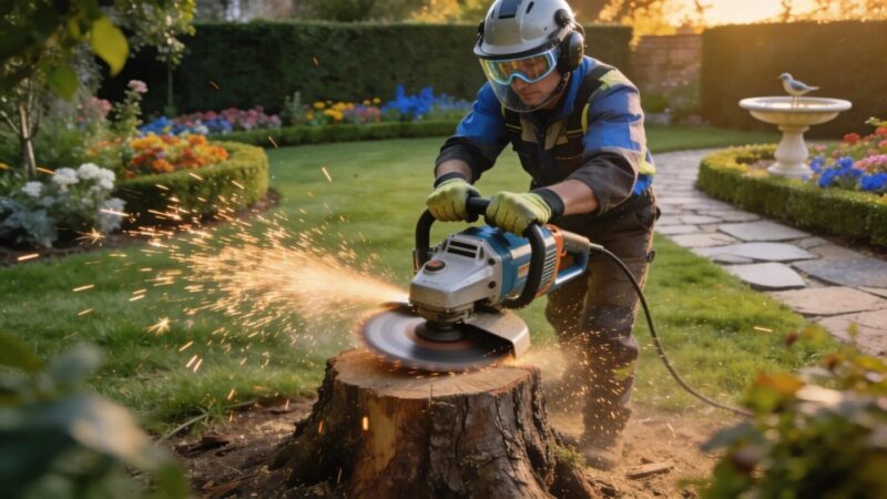 Operator using a stump grinder to remove an old stump, improving the lawn and safety