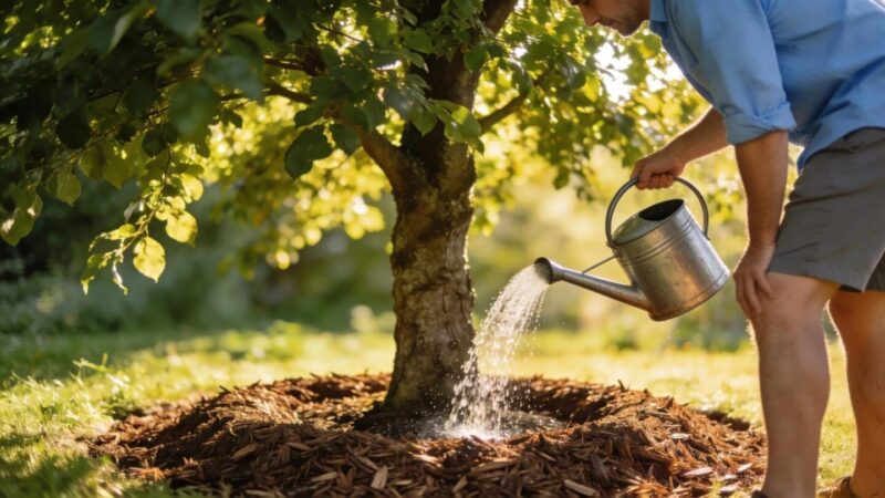 Homeowner watering a tree during summer to show summer tree care