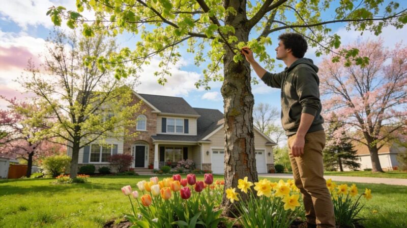 Spring landscape with healthy trees and vibrant flowers in Southeast Wisconsin, representing seasonal tree maintenance