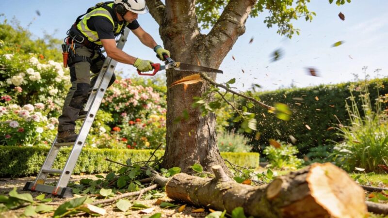 Arborist pruning a tree in a garden to show proper pruning techniques