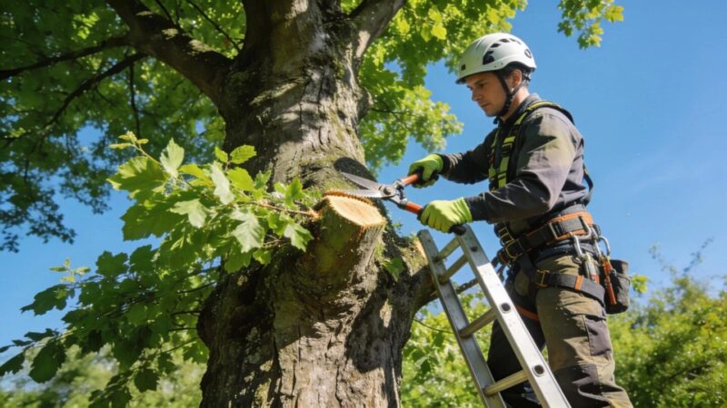 Professional arborist pruning a tree in a vibrant landscape, emphasizing tree care and maintenance